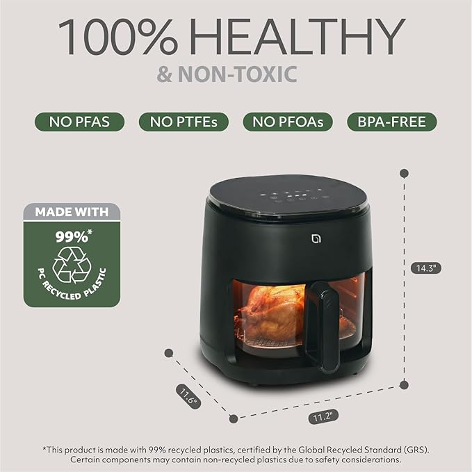WILLOW Eco Series 6 in 1 Air Fryer with Glass Basket, 5 Quart Non Toxic Glass Air Fryer w Digital Display, 430°F Max Temp, Preheat & Keep Warm Function, Compact + Dishwasher Safe Airfryer -BLACK