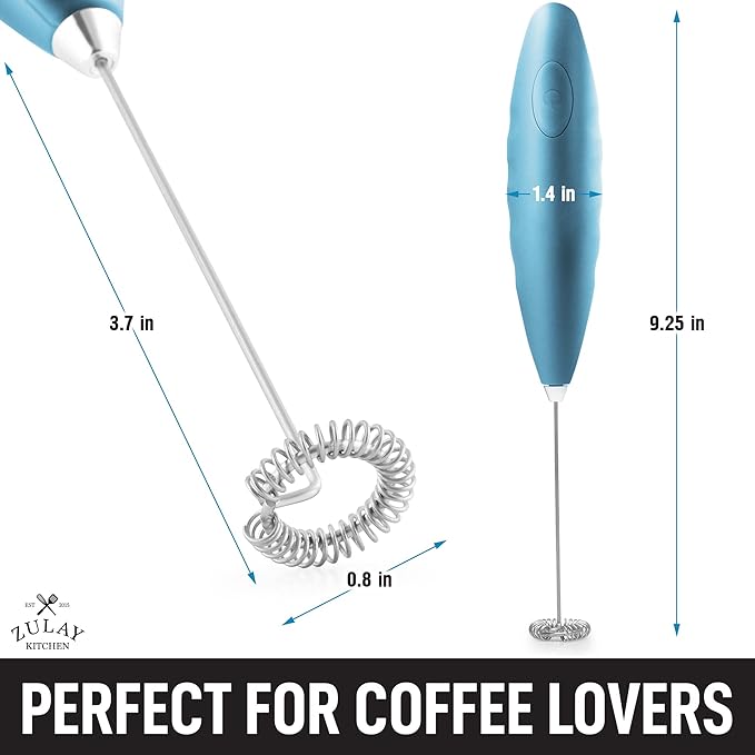 Zulay Double Grip Milk Frother with Holster Stand – Handheld Electric Coffee Frother, One-Touch Foam Maker – Detachable SS Whisk for Latte, Cappuccino, Matcha, Hot Chocolate – Metallic Ice Blue