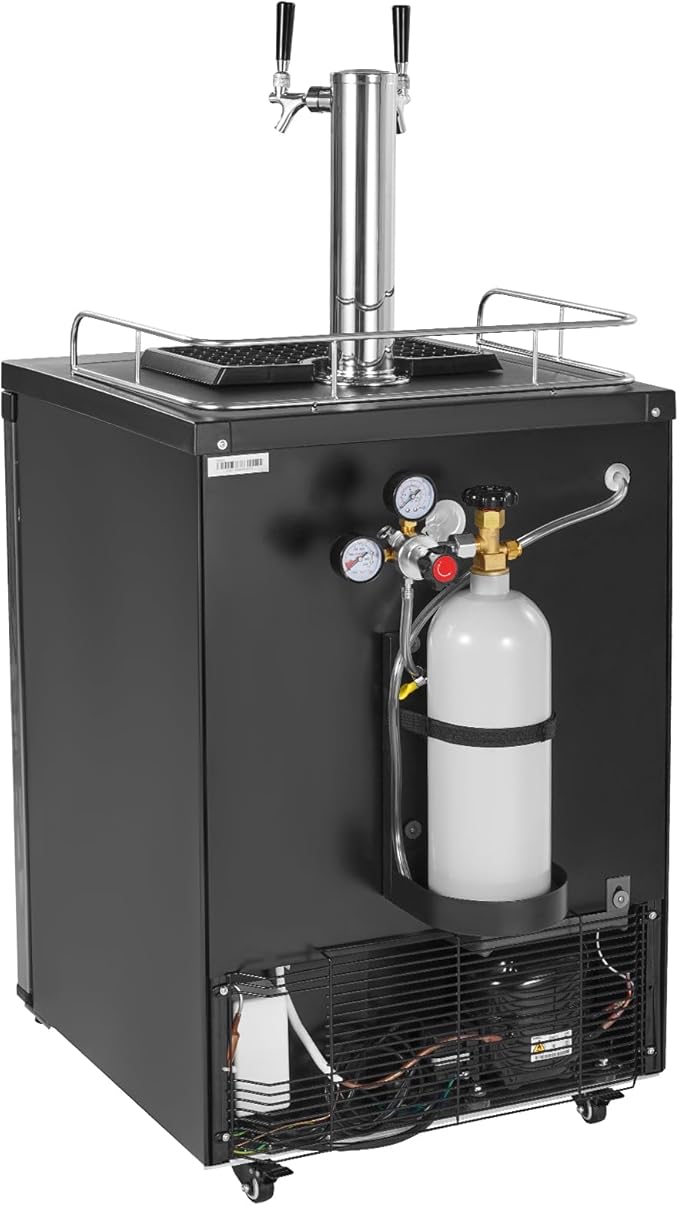 VEVOR Beer Kegerator, Dual Tap Draft Beer Dispenser, Full Size Keg Refrigerator With Shelf, CO2 Tank(No Gas), Drip Tray & Rail, 23°F- 82.4°F Temperature Control, 162L, Silver