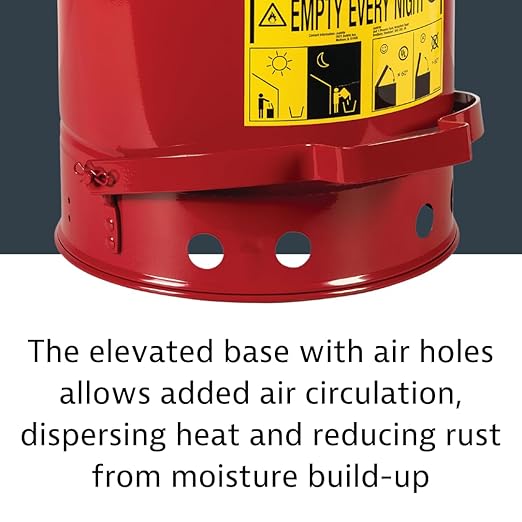 Justrite 14 Gallon Galvanized Steel Oily Waste Can, 20" x 16" Metal Oil Rag Safety Can with Quiet Foot Operated Self-Closing Lid for Oil Rag Disposal, Made in The USA, Red, 09508