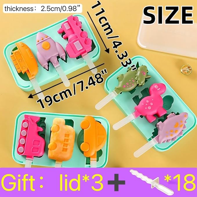 3 Pcs Cute Silicone Ice Cube Mold Set For Toddlers and Kids, BPA-Free Food Grade Ice Tray, Homemade Frozen Popsicle Maker Mold (3 PCS（dinosaur*1+airplane*1+car*1))
