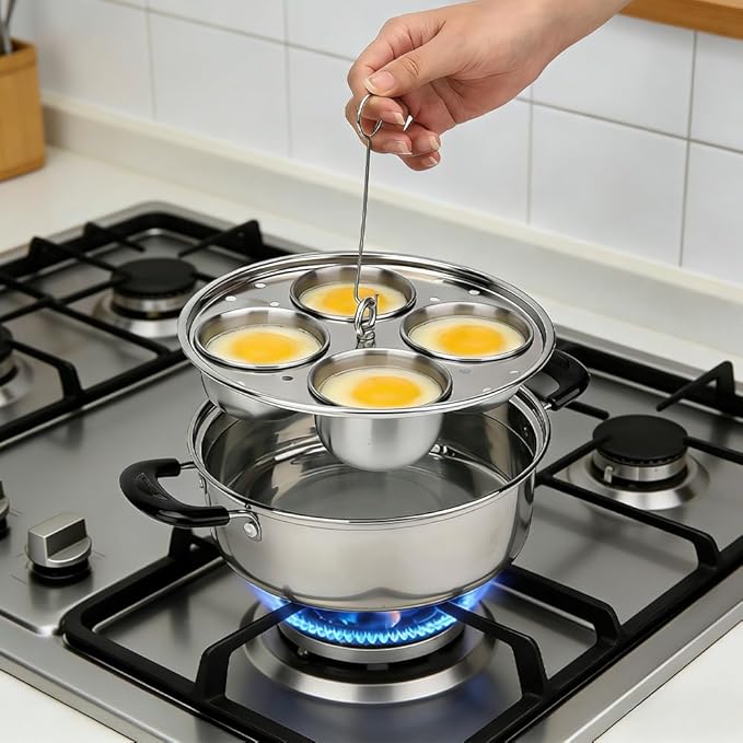 Stainless Steel Egg Poacher Pan - 4-Cup Non-Coated Egg Cooker Poached Egg Maker, Heavy Duty Egg Poaching Pan for Home Kitchen