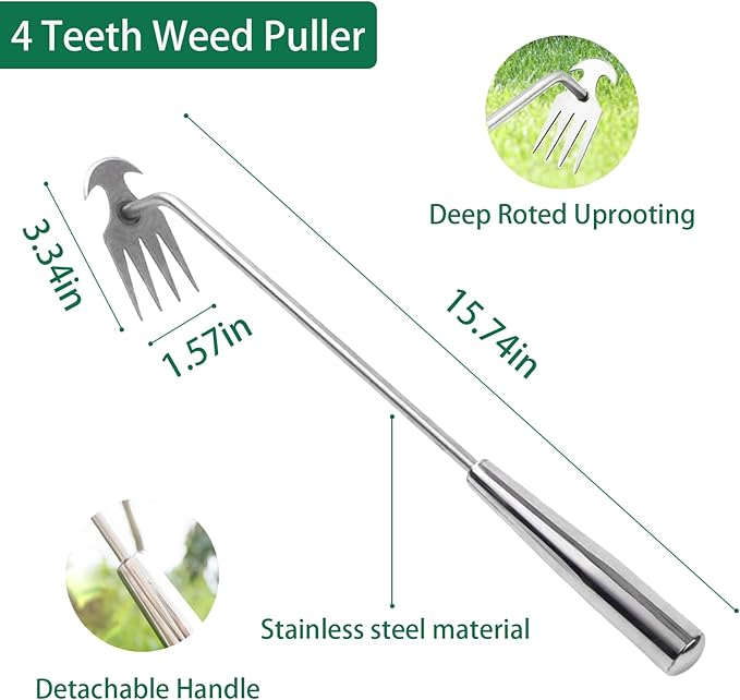 3 Pack Weed Puller Tool, Manual Stainless Steel Weeding Tool, L-Shape Crack Sickle and 4 Teeth Weeder Tool with Gloves for Lawn Vegetable Garden Farm Planting