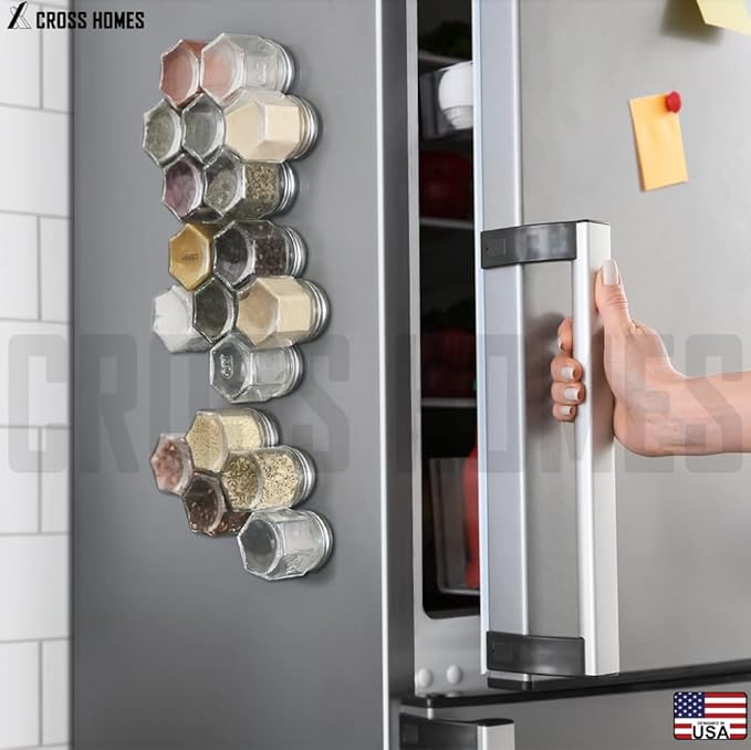 20 Pack Magnetic Spice Jars for Refrigerator, Hexagon Glass Magnetic Spice Jar with Shaker Lids Label for Kitchen RV Travel Trailer Boat, Magnet Seasoning Containers for Fridge Cabinet Wall mount Rack