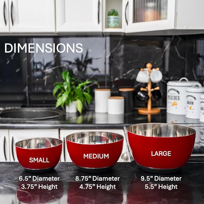 WHYSKO® Stainless Steel Mixing Bowls (Set of 3) with Non-Slip Silicone Base for Kitchen, Dishwasher Safe Bowls for Meal Prep, Cooking, Baking, Serving, Food Storage (Red)