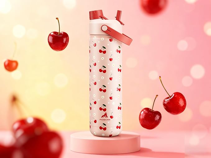 POWCAN 26 oz Insulated Water Bottle with 2-in-1 Straw and Spout Lid, Keep Cold 24H, Leak-Proof, Fits in Car Cup Holder, Stainless Steel Water Bottle for Sports, Travel, Gift and School (Cherry Meadow)