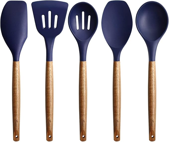 Miusco Non-Stick Silicone Kitchen Utensils Set with Natural Acacia Hard Wood Handle, 5 Piece, Midnight Blue, BPA Free, Baking & Serving Silicone Cooking Utensils