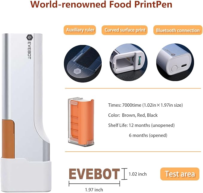 EVEBOT Handheld Food PrintPen Portable Mini Coffee PrintPen Latte Art Macaron Cookie DIY Design PrintPen, Christmas Gifts Bluetooth 4.2-1PCS Brown Color