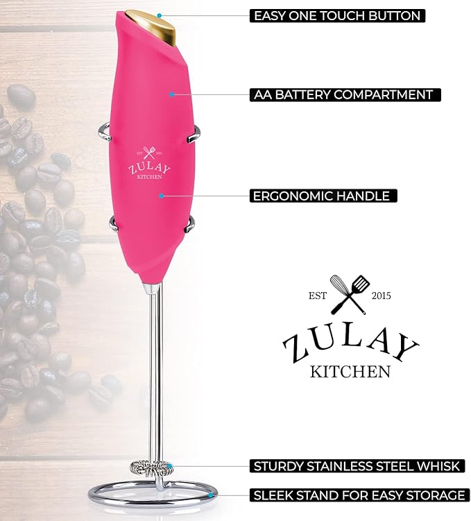 Zulay Kitchen Premium One-Touch Milk Frother for Coffee - Easy-Use Frother Handheld Foam Maker - Electric Whisk Drink Mixer for Cappuccino, Frappe, Matcha and Hot Chocolate (Hot Pink, Gold Button)
