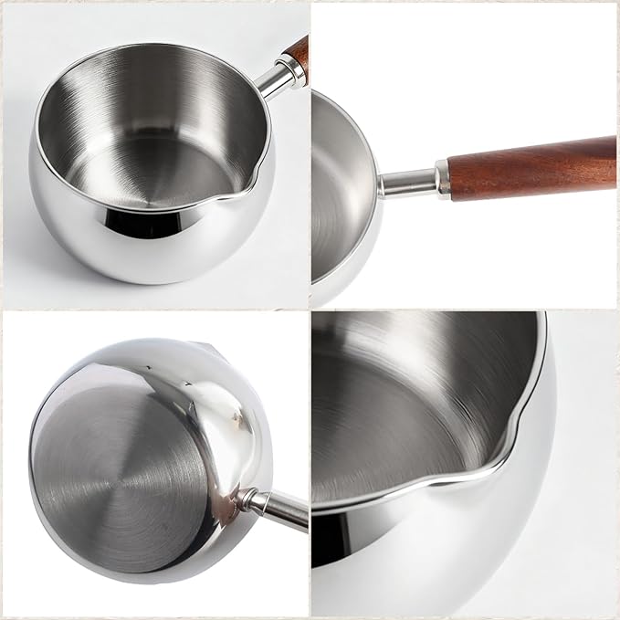 IMEEA 17oz Milk & Butter Warmer Pot SUS304 Stainless Steel Sauce Pot with Wooden Handle for Single Servings, Heating Milk, Melting Butter, Warming Sauces