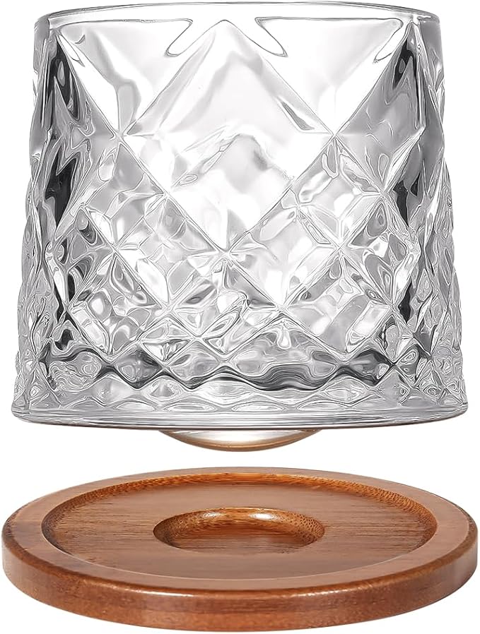 Rotatable Old Fashioned Glass Cup, 275ml/10oz Crystal Whiskey Glass, Wood Coaster, Thickening, Used as Rum Glass, Cocktail Cup, Coffee, Milk to Relax and Reduce Stress, Ideal Gift