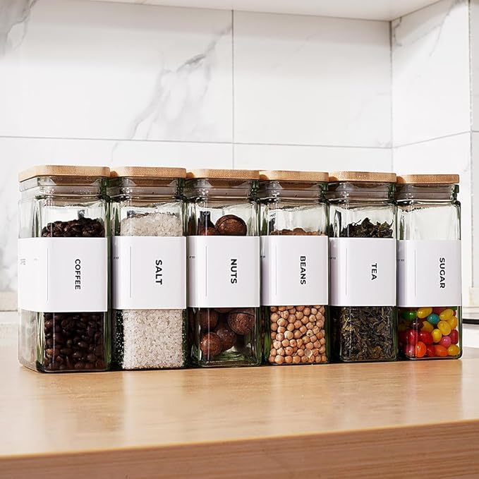 APT 1101 Glass Storage Jars with Bamboo Lid, glass canisters with airtight lids, Clear jars with lids for Spice, Cookie, Candy, Tea, Coffee Bean and Rice (White, Pantry Jar Set (26 oz, set of 6))