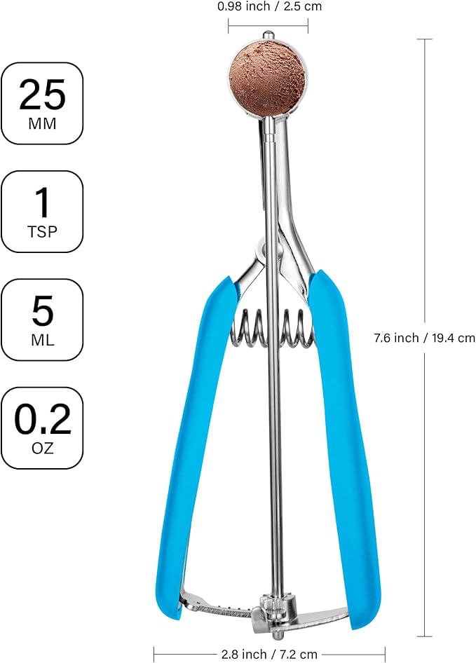 Extra Small Cookie Scoop, 1 Tsp Cookie Scoop, Mini Ice Cream Scoop for Melon Baller, Cookie Dough, 0.2oz/ 25mm, Easy Squeeze & Release, Sky Blue