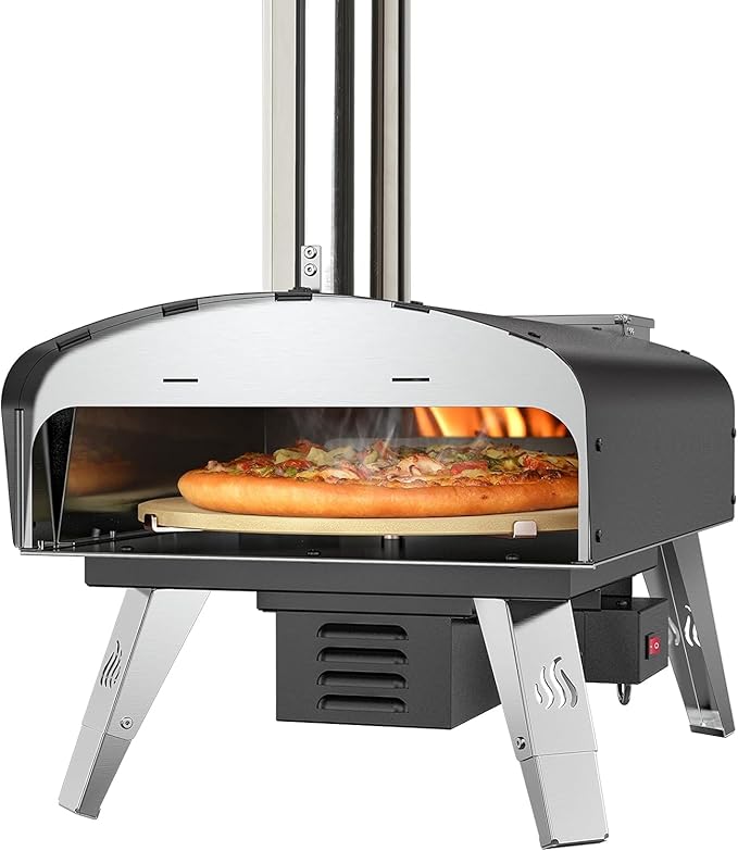 Mimiuo Outdoor Pizza Oven Wood Pellet Fired Pizza Stove with Automatic Rotating Stone, Heavy Duty Pizza Stove for Backyard Camping, Bakes Pizza in 60 Seconds, Includes Pizza Stone, Peel & Cover
