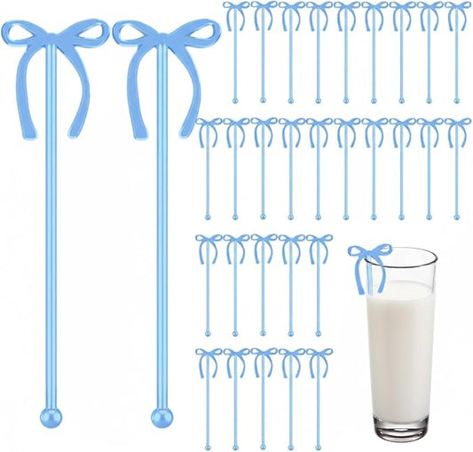 SiliFine 30 Pcs 6 Inch Party Drink Stirrers, Bow Stir Sticks Coffee Stirrers Reusable Plastic Swizzle Sticks for Wedding Birthday Bridal Cocktail Decorations Galentines Supplies(Blue)