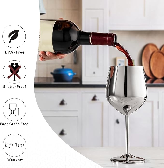 WOTOR Stainless Steel Wine Glasses Set of 4 with Wine Saver Vacuum Pump