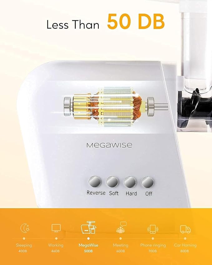 MegaWise Cold Press Slow Masticating Juicer – Quiet Cold Press Technology, Dual-Speed Modes, High-Yield Fruit & Vegetable Extractor, Quick-Clean Parts, White