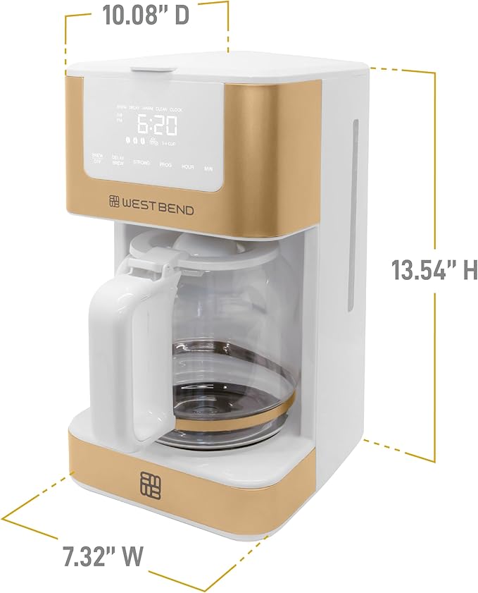West Bend Timeless 12-Cup Programmable Coffee Maker with Brew Strength Selector for Hot and Iced Coffee, Includes 1-4 Cup Brew Option and Permanent Filter