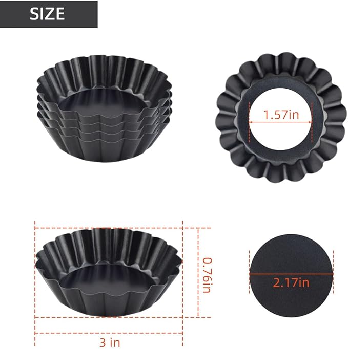 4 Pack Tart Pans Tortilla Pan Set Mini Tart Molds Carbon Steel Taco Shell for Baking 3 Inch Taco Salad Bowl Maker with Removable Bottom NonStick Tortilla Bowl Fluted Side for Quiche Cakes Pies (Black)