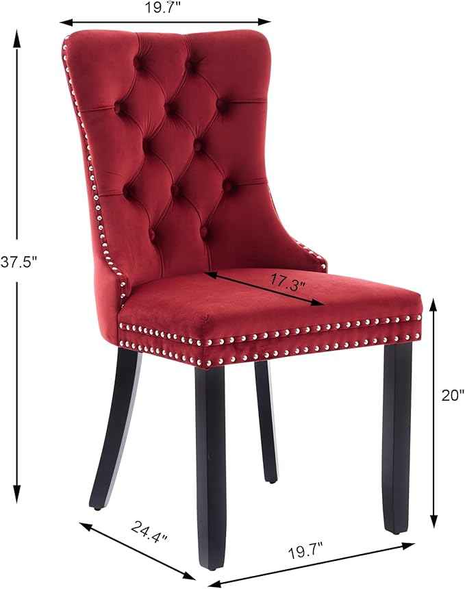 Velvet Dining Chairs Set of 4, Upholstered Dining Room Chairs with Back Ring Pull Trim and Solid Wood Legs,Tufted Wingback Kitchen Chairs for Dining Room,Kitchen(Wine Red)