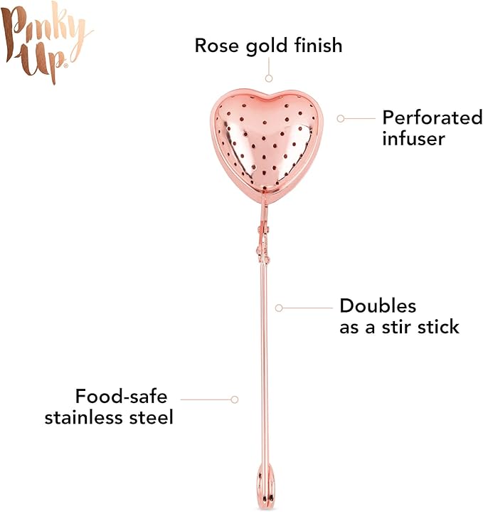 Pinky Up Heart Shaped Tea Ball, Reusable Loose Leaf Tea Infuser, Brew Tea with Ease, Stainless Steel, Rose Gold