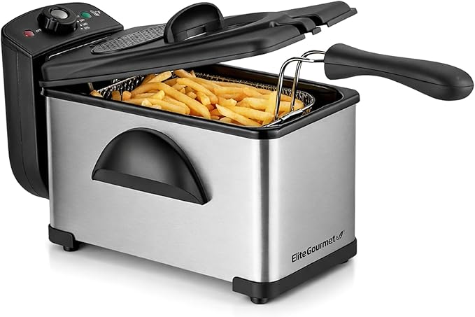 Elite Gourmet EDF2100 Electric Immersion Deep Fryer Removable Basket Adjustable Temperature, Lid with Viewing Window and Odor Free Filter, 2 Quart / 8.2 cup