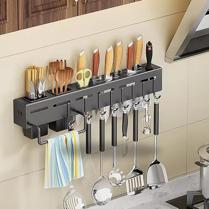 Wall Mount Kitchen Utensils Hanging Rack, 20" Multi-Use Kitchen Organizer with Utensil Holder, Hanging Organizer - Black