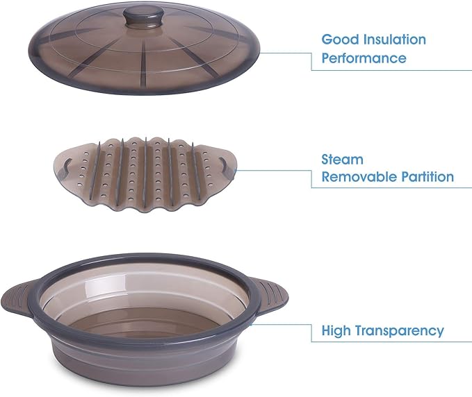 Microwave Steamer Cooker Collapsible Bowl-Silicone Steamer Cookware with Handle Lid for Vegetables Fish Prep Meal Food with Removable Rack BPA Free, Easy to Store, Freezer & Dishwasher Safe, Large