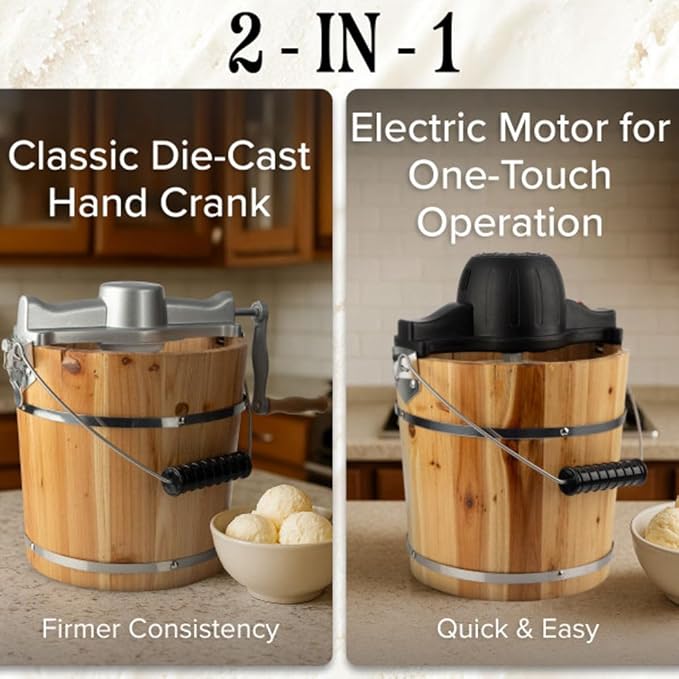 Electric Ice Cream Maker Machine - 4 Quart Old Fashioned Icecream Maker with Hand Crank and Electric Paddle - Pine Wood Bucket Ice Cream Machine for Frozen Yogurt, Gelato, Sorbet by Classic Cuisine