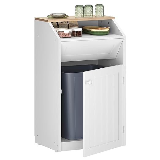 YATINEY Trash Cabinet, Freestanding Trash Can Cabinet, Wooden Recycling with Flip Door, 10 Gallon Hidden Kitchen Garbage Can for Kitchen, Living Room, White WB01WT