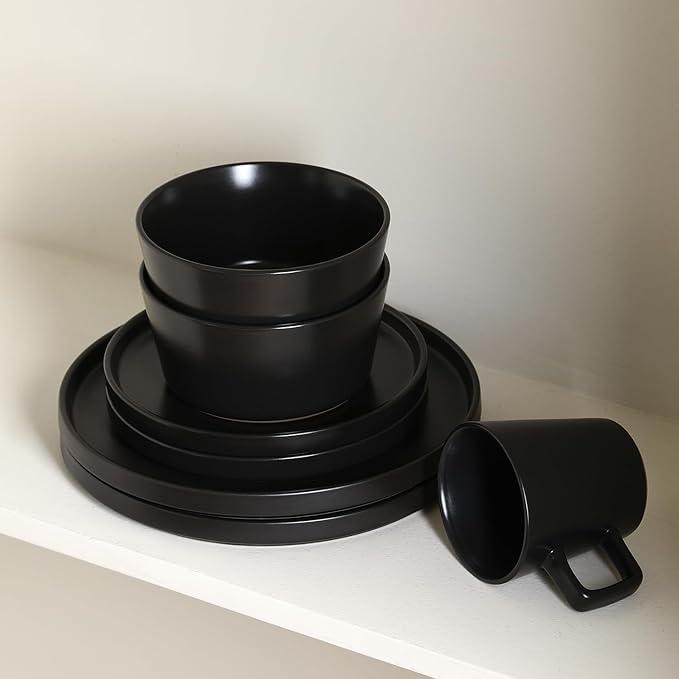 Stone Lain Celina Stoneware 16 Piece Dinnerware Set, Plates and Bowls, Black Matte Dish, Service for 4 – Minimalist Round Style, Microwave & Dishwasher Safe