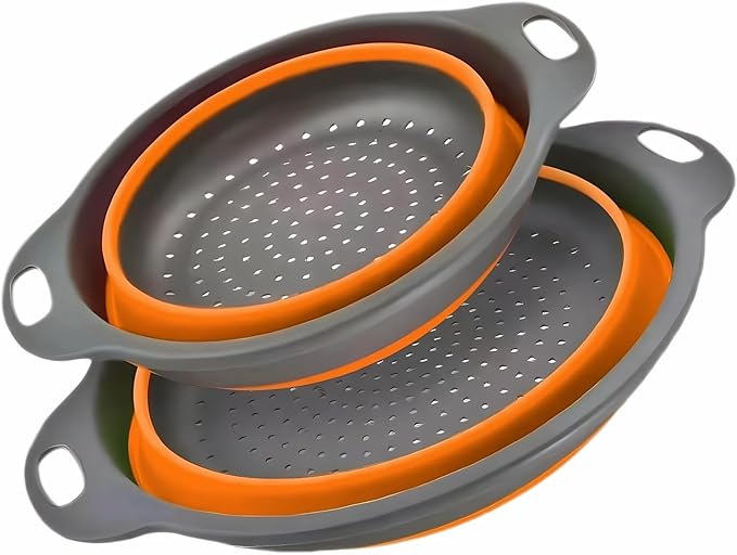 Silicone Colander Collapsible Strainers Set for Kitchen- 2 Pack (3Qt, 4Qt) -Over Home Draining Basket, Food Vegetables & Fruits-Dishwasher Safe, Space Saving Design (Orange)