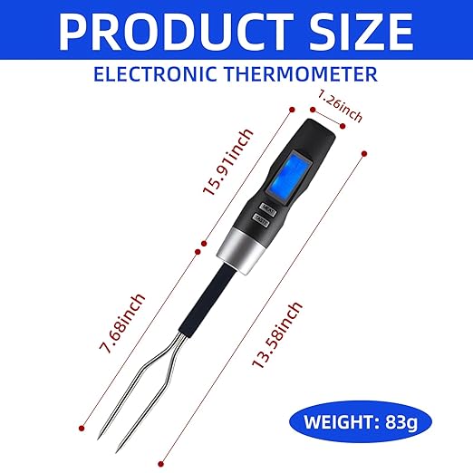 Digital Meat Thermometer Fork, Fast Read Grill Thermometer with LED Display and Stainless Steel Probes,Kitchen Probe with Long Fork,Suitable for Steak Chicken Pork Turkey Hot Grilled Food