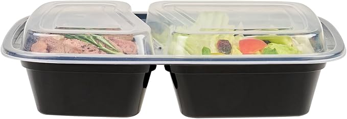 Asporto 32 Ounce Compartment Take Out Boxes, 50 Microwavable Meal Prep Containers - 2 Compartments, With Clear Plastic Lids, Black Plastic Food Containers, Do Not Contain BPA - Restaurantware