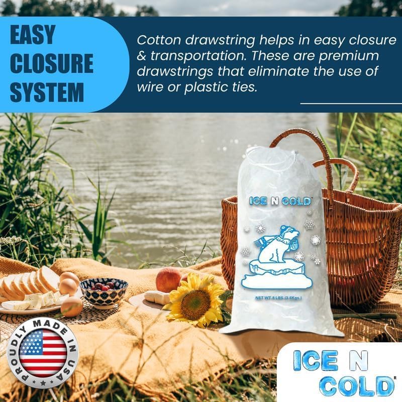 Ice Bags with Drawstring Closure | 20lb, 600ct/cs | 50 mic Thickness | Portable Storage and Freezer Keeper