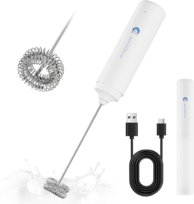 Rechargeable Milk Frother Handheld, 2-IN-1 Dual Spring Whisk Electric Frother Wand for Cappuccino Latte Macchiato, Portable Drink Mixer for Coffee, Matcha, Hot Chocolate