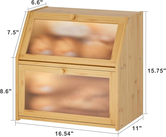 Extra Large Bread Box for Kitchen Counter, Bamboo Wood Double Layer Bread Box for Kitchen Counter, Wooden Capacity Bread Storage Bin