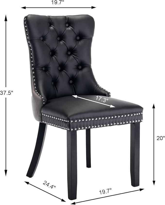 Dining Chairs Set of 6, Upholstered Dining Room Chairs with Back Ring Pull Trim and Solid Wood Legs, Modern Tufted Kitchen Chairs Perfect for Dining Room, Black Pu Leather Splicing Grey Velvet