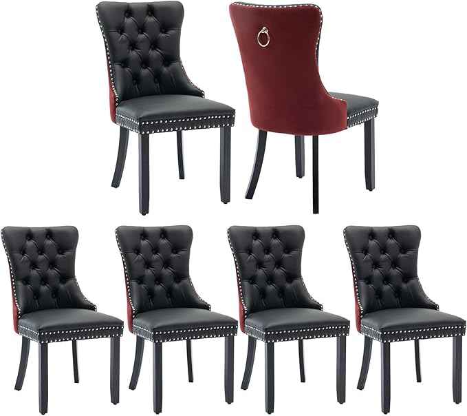 Dining Chairs Set of 6, Upholstered Dining Room Chairs with Back Ring Pull Trim and Solid Wood Legs, Modern Tufted Kitchen Chairs Perfect for Dining Room, Black Pu Leather Splicing WineRed Velvet