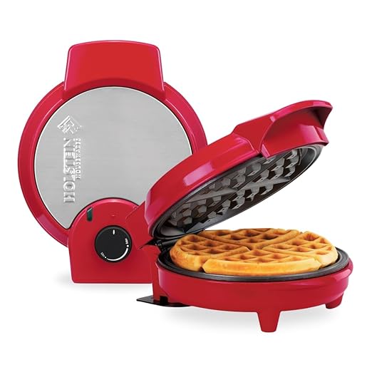 Holstein Housewares 7" Belgian Waffle Maker, Non-Stick Coating, Red/Stainless Steel, Delicious Waffles in Minutes for Everyday Meals. 7 Inch