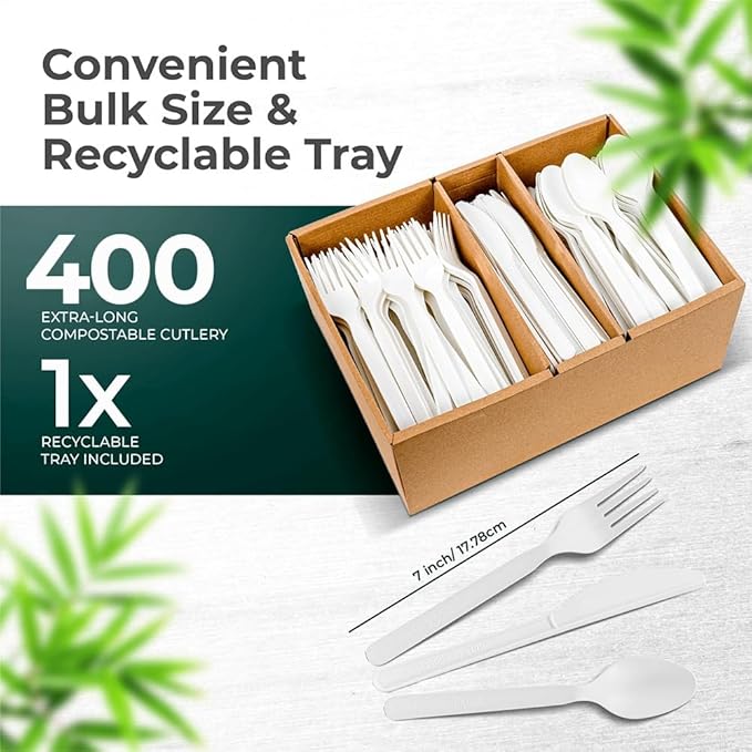100% Compostable cutlery knives forks spoons Large Disposable Biodegradable Compostable Utensils Durable HeavyDuty Silverware heat resistant alternative to plastic with convenient tray 7inch (400)
