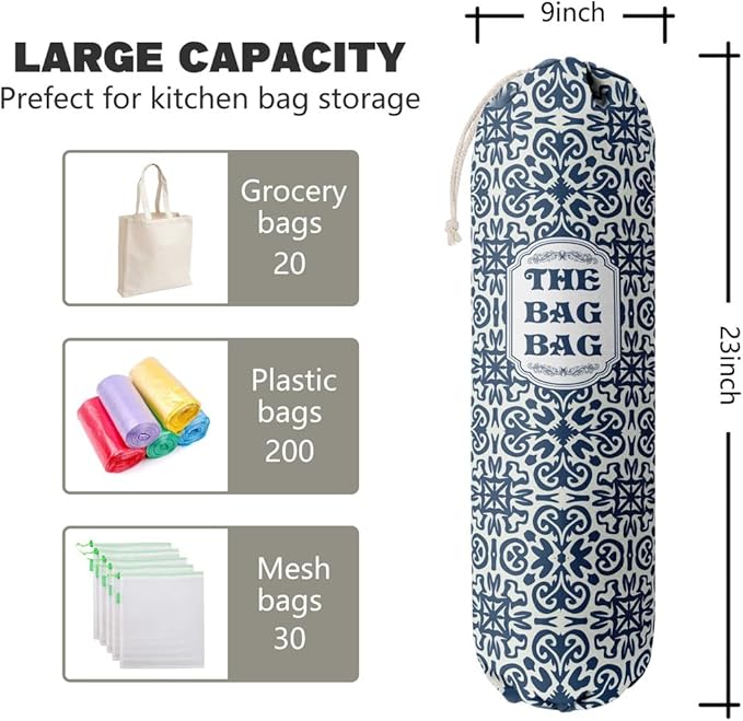 HiLus Bag Holder, Blue Fabric Grocery Bags Holder Organizer, Wall Mount Plastic Bags Storage Container Dispenser, Kitchen Storage & Organization Product Accessories