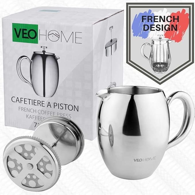 VeoHome - 0.75 litre plunger - Unbreakable and keeps the coffee hot for a long time thanks to its double stainless steel shell