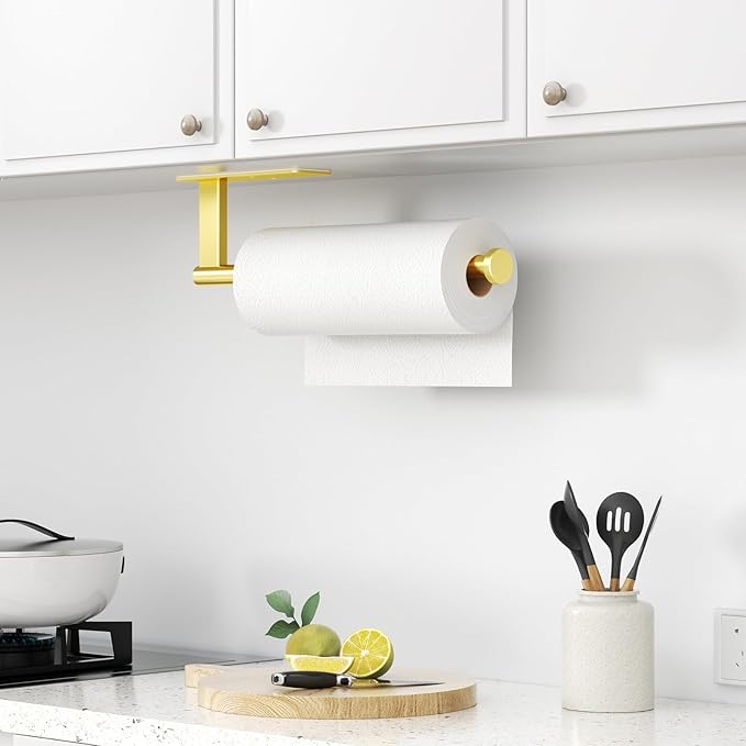 Paper Towel Holder Under Cabinet - Stainless Steel Paper Towel Holder Wall Mount, Self-Adhesive or Drilling, Matte Gold Towel Rack for Kitchen Organization and Storage, Kitchen Paper Roll Holder