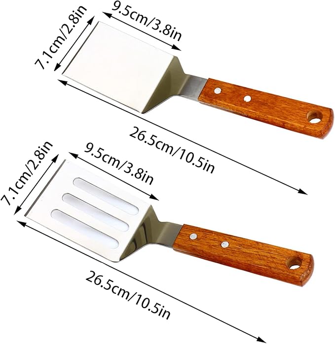 2 PCS Metal Spatula for Cast Iron Skillet, Stainless Steel Grill Spatula Slotted Turner Fish with Wood Handle Flat Top Griddle for Cooking BBQ