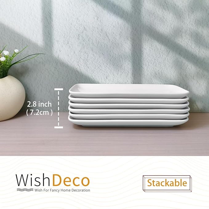 WishDeco Small Rectangle Plates Set of 6, White Serving Platters 9 inch, Ceramic Sushi Plates, Serving Plate for Appetizer, Dessert, Party, Microwave Safe