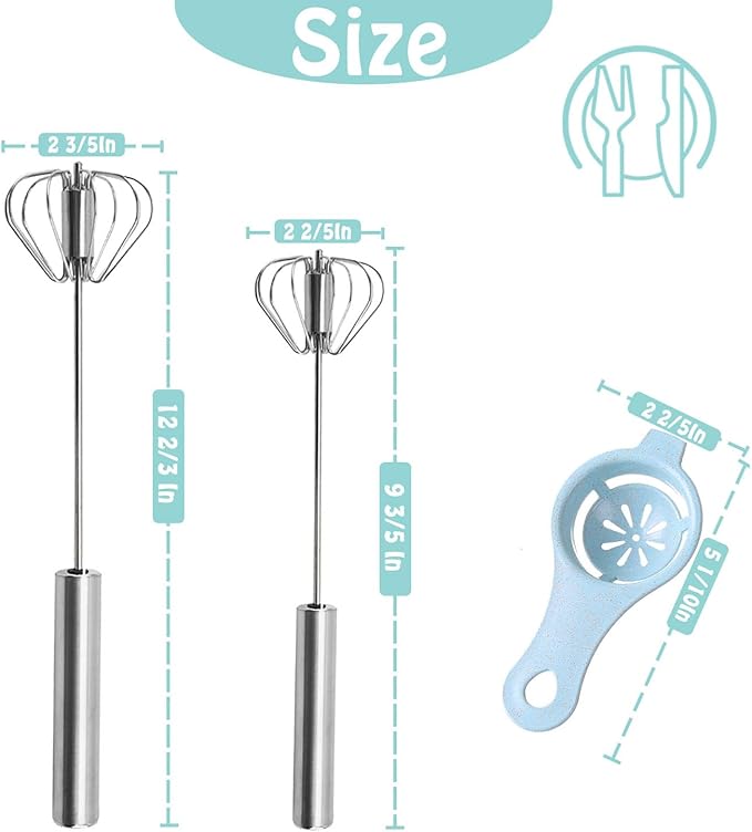 Semi-automatic Whisk, Stainless Steel Egg Beater, Hand Push Rotary Whisks Mixer Stirrer for Making Cream, Whisking, Beating and Stirring (10+12Inch)