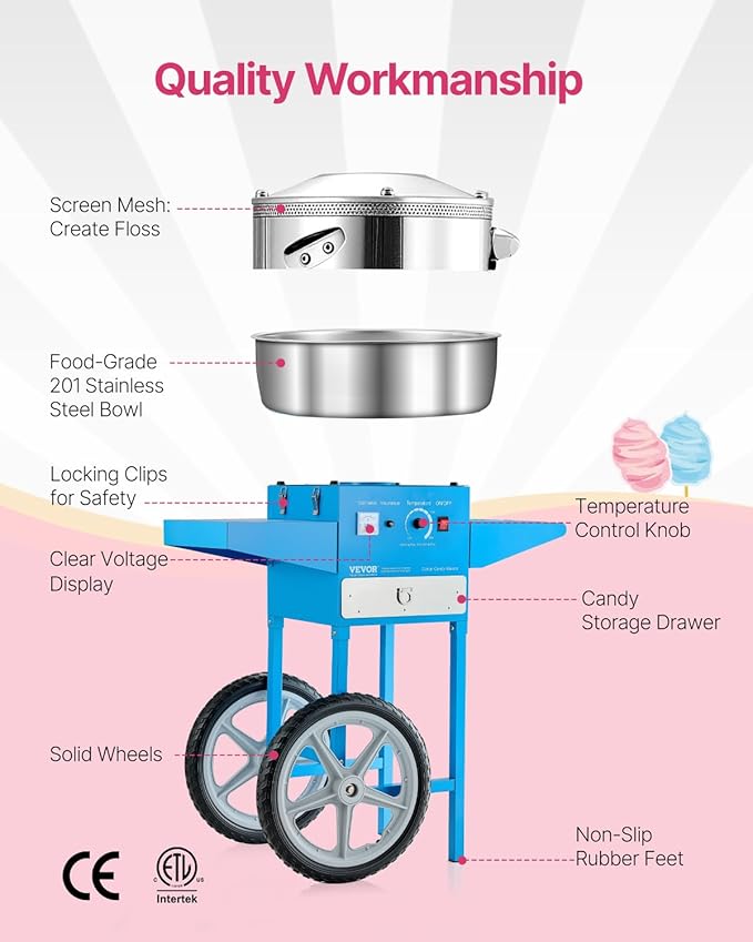 VEVOR Commercial Cotton Candy Machine with Cart, 1000W Electric Candy Floss Maker with 20.5 in Stainless Steel Bowl, Sugar Scoop and Drawer, for Home, Kids Birthday, Family Party, Blue