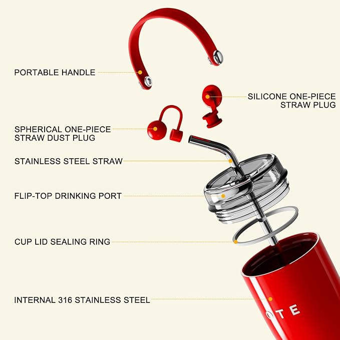 OTE 30OZ Tumbler with Handle, 316 Stainless Steel Water Bottle with Straw, 800ML Vacuum Insulated Bottle, Insulated Travel Mug, Tumbler Cup for Office or Home, Cup Holder Friendly, Keep Hot/Cold (Red)