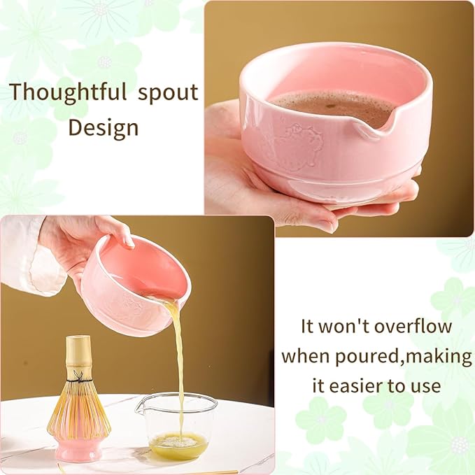 Matcha Tea Set, 5-Piece Ceramic Matcha Bowl & Whisk Kit with Cute Cat Pattern, Traditional Japanese Chawan, Scoop & Sifter, Perfect for Tea Ceremony, Gift for & Tea Lovers (pink)